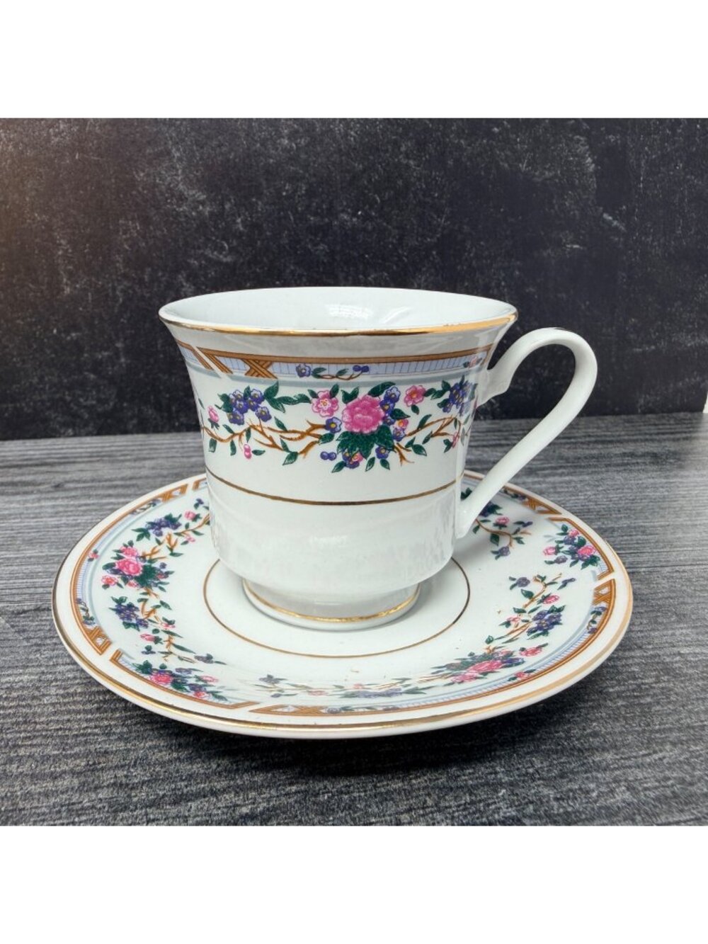 Vintage Truly Tasteful Fine China Teacup Saucer Pink Blue Floral Gold Trim 1980s